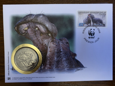 congo - hipopotam- FDC cu medalie, fauna wwf foto