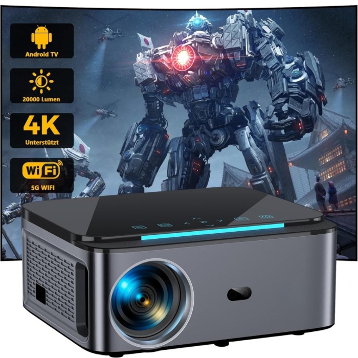 Videoproiector 1080P Full HD, WiFi 5G, Bluetooth 5.2, 20000 Lumeni, Suporta 4K, Zoom, Trapezoid 4D, HDMI, USB, AV, Difuzor, Telecomanda, Negru/Gri