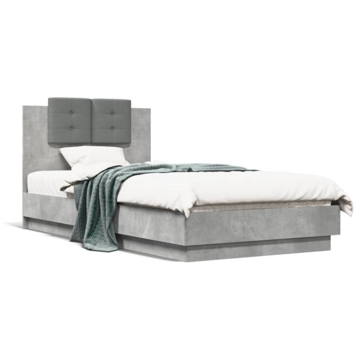 vidaXL Cadru de pat cu tăblie și lumini LED, gri beton, 75x190 cm 3210069