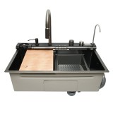 Chiuveta bucatarie multifunctionala din otel inoxidabil cu doua baterii, afisaj digital temperatura, doua cascade, spalator pahare, scurgator, tava, t