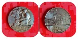 H501-I-Medalia electricitate si gaz Franta bronz argintat stil Art Deco-Prometeu langa foc si lampa suspendata, marchetator Henri Dropsy, 5,7 cm.