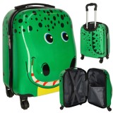 Troler de Voiaj pentru Copii, cu Maner Extensibil, 4 Roti Rotative 360&deg;, Fermoar Dublu, Carcasa Anti-Soc, model Crocodil, 25L, 46 x 31 x 26 cm, Verde/