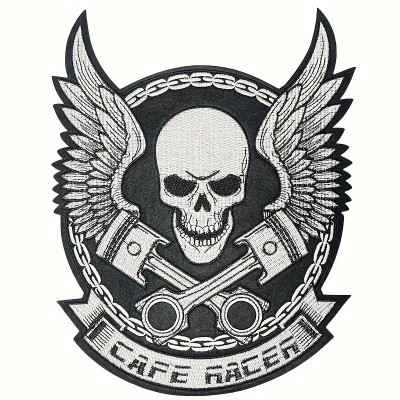Petic Brodat cu Craniu si pistoane &amp;icirc;n Stil Punk, Aplică Decorativă cu Spate Adhesiv, pentru Geaca Motociclist, Negru şi Alb foto
