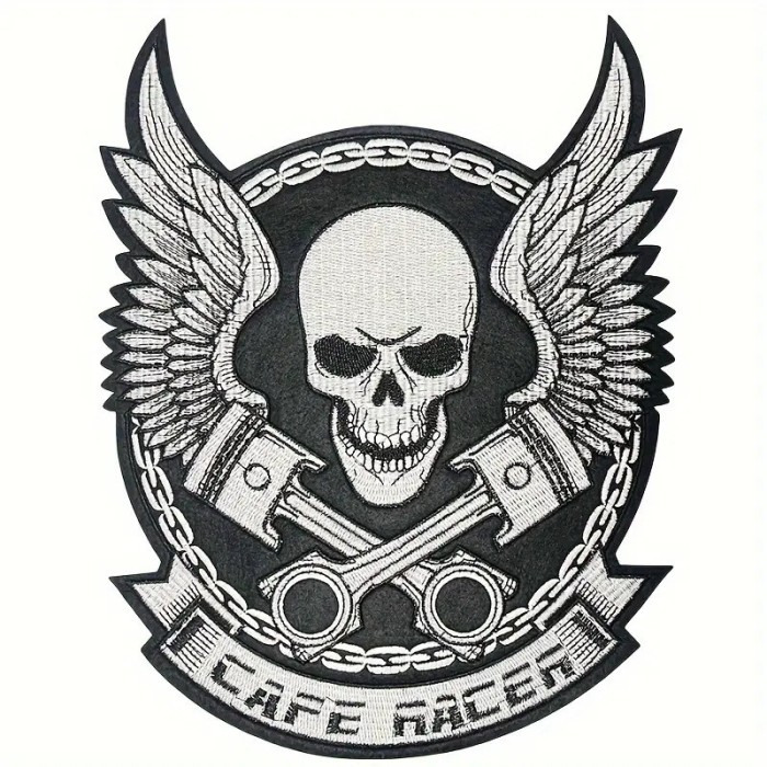 Petic Brodat cu Craniu si pistoane &icirc;n Stil Punk, Aplică Decorativă cu Spate Adhesiv, pentru Geaca Motociclist, Negru şi Alb