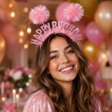 Bentita de Petrecere cu Urechi Holografice si Mesaj Happy Birthday, Roz, CMCLASS