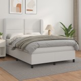 VidaXL Pat box spring cu saltea, alb, 140x190 cm, piele ecologică