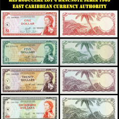 Reproducere lot 4 bancnote seria 1965 East Caribbean Currency Authority