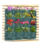 Ghivece de flori suspendat vertical, din rafie, 16 ghivece de flori in 4 randuri, verde