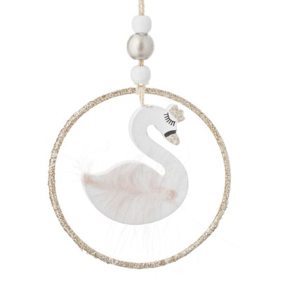 Ornament Brad Crăciun, Lebădă, Lemn, Pene Roz, Glitter Bej șampanie, 9cm foto