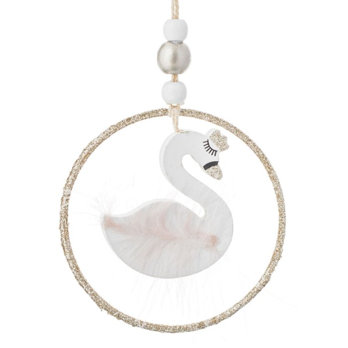 Ornament Brad Crăciun, Lebădă, Lemn, Pene Roz, Glitter Bej șampanie, 9cm