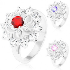 Inel strălucitor de culoare argintie, contur floare, zirconii rotunde - Marime inel: 54, Culoare: Mov Deschis