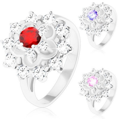 Inel strălucitor de culoare argintie, contur floare, zirconii rotunde - Marime inel: 52, Culoare: Roz foto