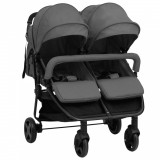 Carucior Dublu Gemeneni Gossi Gri Inchis Negru, Otel, Pliabil, Ham 5 Puncte, Cos Depozitare, Protectie UV
