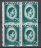 ROMANIA 1945/1947 LP 187 REGELE MIHAI I - UZUALE HARTIE ALBA EROARE APOSTROF LA 7 DIN 75 DREAPTA JOS BLOC DE 4 TIMBRE MNH, Nestampilat