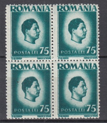 ROMANIA 1945/1947 LP 187 REGELE MIHAI I - UZUALE HARTIE ALBA EROARE APOSTROF LA 7 DIN 75 DREAPTA JOS BLOC DE 4 TIMBRE MNH foto