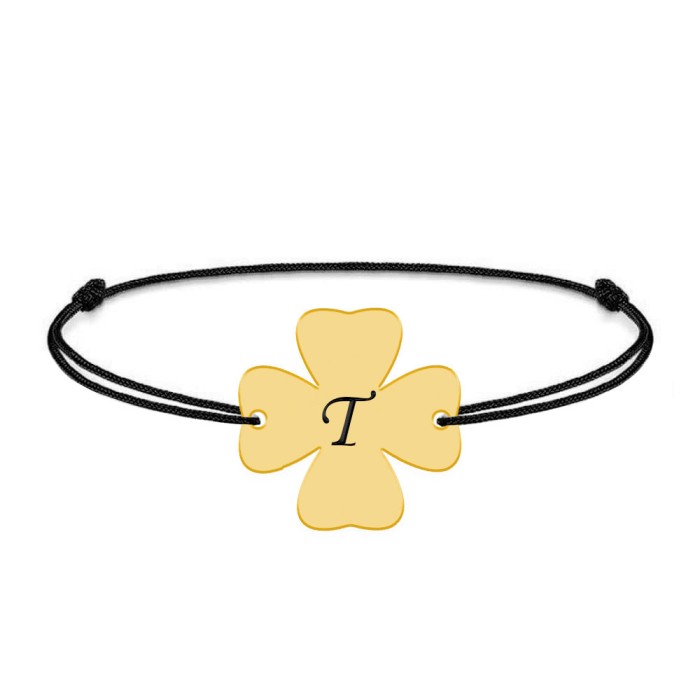 Clover - Bratara personalizata snur initiala - trifoi argint 925 placat cu aur galben 24K