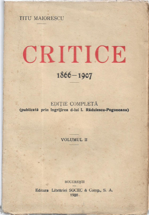HST 31SP Critice 1866-1907 Titu Maiorescu volumul II