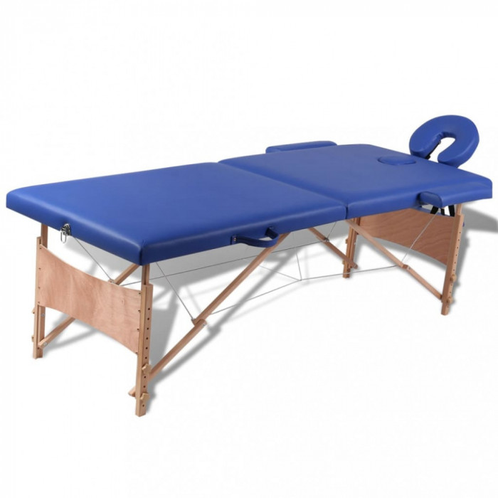 Masă masaj pliabilă, 2 zone, albastru, cadru de lemn