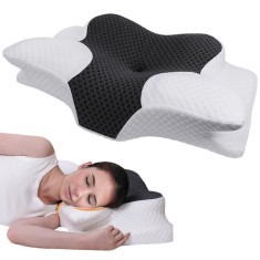 Perna Ortopedica Cervicala pentru dormit Linomag&reg;, Spuma cu Memorie, Husa lavabila, Suport pentru gat, umeri si brate, Alb/Negru, 62 x 41 x 8-10 cm
