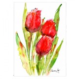 Tablou, Trei Lalele, realizat acuarela pe hartie, neinramat, 21x29 cm, Flori, Impresionism, RavariuArt