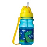 Sticla de apa cu pop-up si pai, 350 ml, Albastru cu dinozauri, CMCLASS