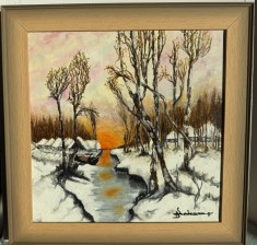 Pictura Noua, Tablou Superb -Iarna Pe Lac-Ulei In Pensula Si Cutit, Inramat, Pictor Roman Consacrat