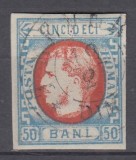 ROMANIA 1869 LP 29 REGELE CAROL I CU FAVORITI 50 BANI ALBASTRU SI ROSU STAMPILAT POINCON HEIMBUCHLER
