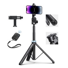 Trepied foto telescopic profesional JustZEN, pentru telefon/camera foto/GoPro, telecomanda bluetooth, functie selfie stick, ajustabil, Universal Negru
