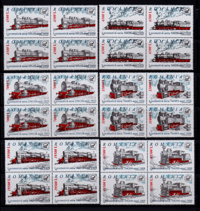 ✅RO 2002 LP 1592 &quot; Locomotive romanesti cu abur&quot; , serie blocuri de 4 , MNH