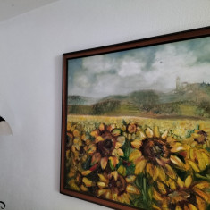Câmp cu floarea soarelui în peisaj cu castel, pictură mare pe pânză