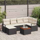 vidaXL Set de canapele de grădină cu 7 piese, cu perne, &icirc;n negru. E din răchită poliesterică și acacia.
