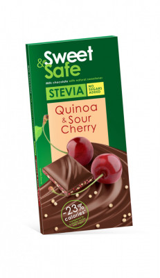 Ciocolata cu lapte cu quinoa si visine cu indulcitor stevie 90gr &amp;quot;sweet &amp;amp; safe&amp;quot; foto