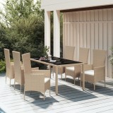 Set masa gradina 7 piese vidaXL, poliratan bej, cu perne, 190x90x75 cm