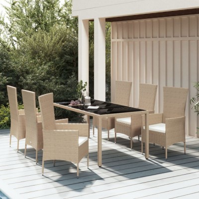 vidaXL Set de masă pentru grădină, 7 piese, cu perne, bej, poliratan 3157563 foto