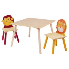Masa din lemn pentru copii cu 2 scaune set - pentru invatare joaca desen mancare - ANIMALS