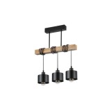 Lustra suspendata tavan, design industrial, 3 becuri LED E27, bara din lemn, IP20, negru