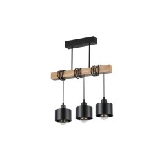 Lustra suspendata tavan, design industrial, 3 becuri LED E27, bara din lemn, IP20, negru