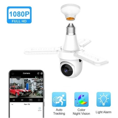 Camera de supraveghere tip bec, cu 3 brate de lumina LED, FULL HD, conectivitate WiFi, viziune nocturna cu LED, detectare miscare si alerte, alb foto