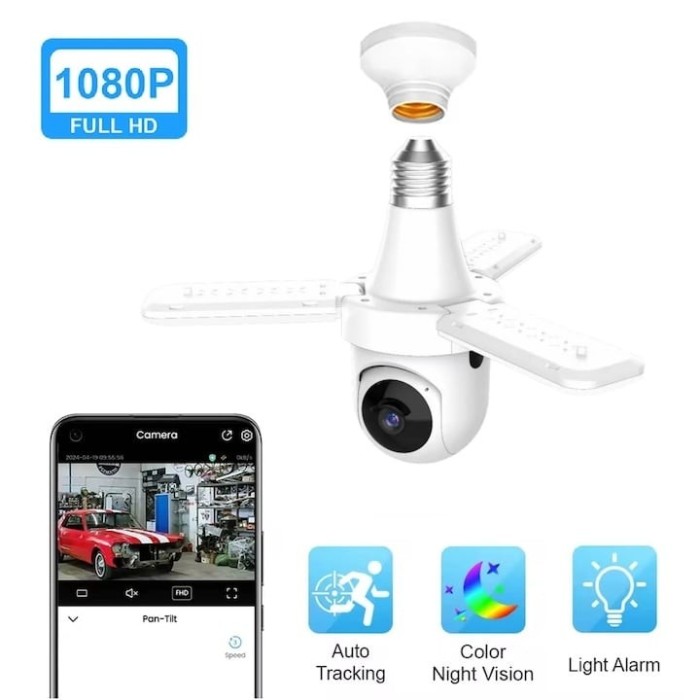 Camera de supraveghere tip bec, cu 3 brate de lumina LED, FULL HD, conectivitate WiFi, viziune nocturna cu LED, detectare miscare si alerte, alb