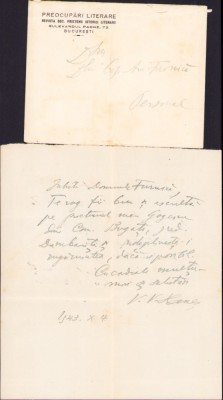 HST A2269 Notă olografă V V Haneș 1943 + plic antet Preocupări Literare foto