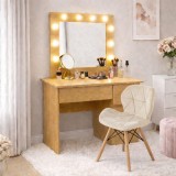 Masa de toaleta/machiaj, Irina, stejar + scaun Lago, bej, cu oglinda si LED-uri, 94x43x141 cm
