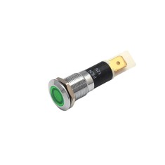 Indicator LED plat de panou din alama, 12mm, pini 6.3mm, verde, 12-24V DC, IP67, FL1M-12FJ-1-GREEN