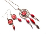 Set dreamcatcher spirala rosu cu alb, set bijuterii sticla 39318