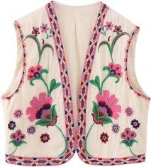 ivimos Vesta decupata din bumbac pentru femei, primavara, vara, fara maneci, broderie florala, cu fa?a deschisa, vintage, cardigan bej-roz X-Small foto