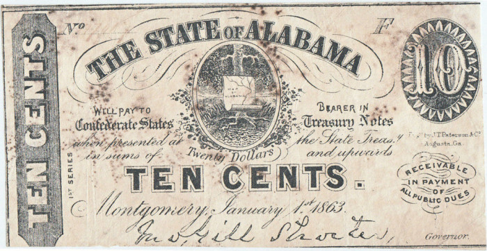 1863 (January 1), 10 Cents (P-S210) - Montgomery, Alabama - SUA - stare XF