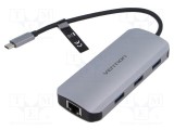 Hub USB 3.0 VENTION 6 porturi gri aluminiu USB-C HDMI RJ45 PnP