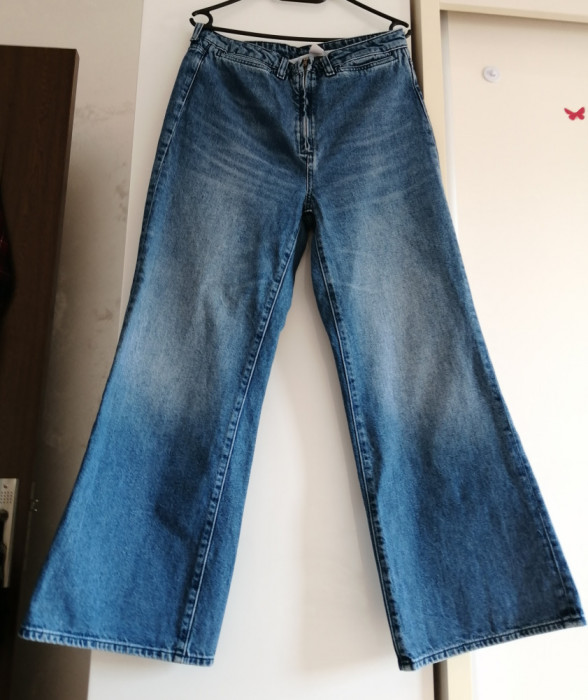 Blugi H&amp;M denim croaiala larga, talie &icirc;naltă, damă material gros iarna