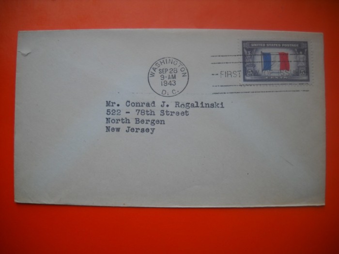 HOPCT PLIC S FDC NR 762 FRANTA - DRAPEL -1943 -SUA -CIRCULAT