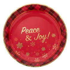 Farfurii Carton Peace &amp; Joy, 18cm, Set 6 Buc, Culoare Roșu și Auriu