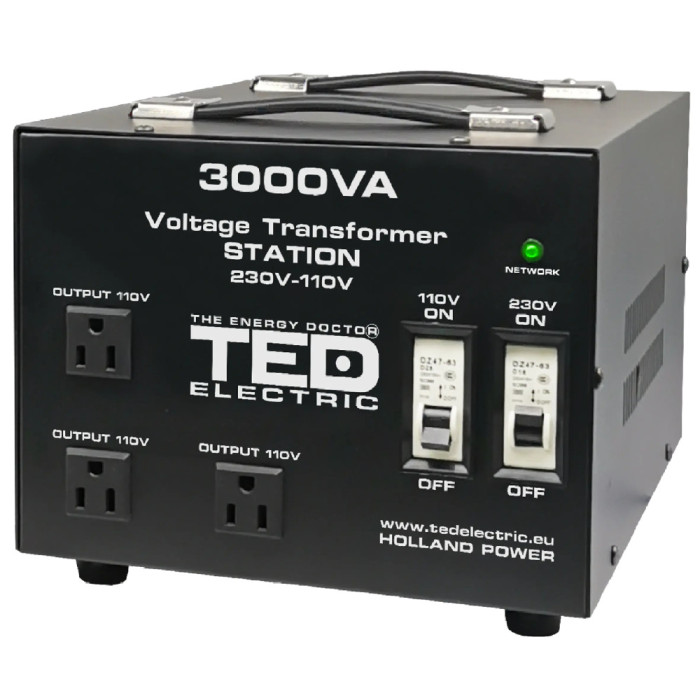 Transformator de tensiune, Convertor de la 220V la 110V si Reversibil 3000VA 2400W cu Carcasa si Regleta, TED Electric